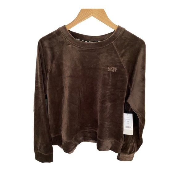 DKNY Sport Long Sleeve Brown Velour Crewneck Pullover Sweatshirt NWT Size M - Picture 1 of 7